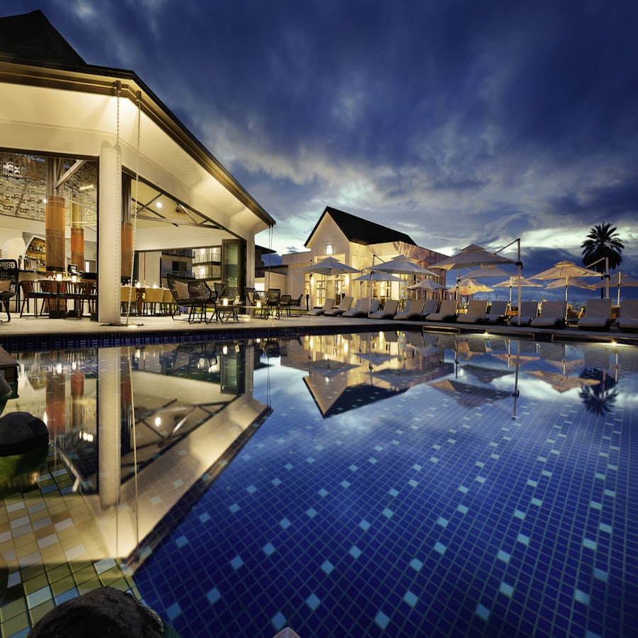 Luxury sanctuary pool at dusk